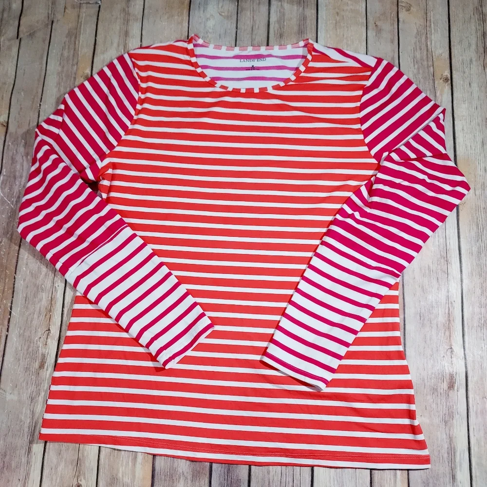 Lands End pink orange stripe swim shirt rashguard M 10-12